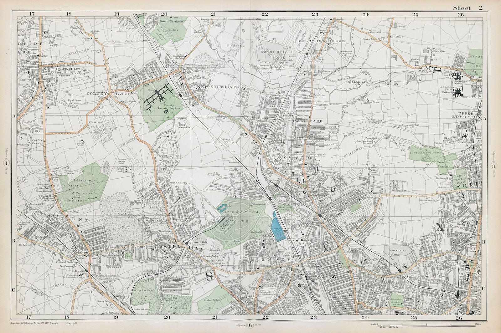 FRIERN BARNET/HORNSEY Palmers/Wood Green Southgate Muswell Hill. BACON  1906 map
